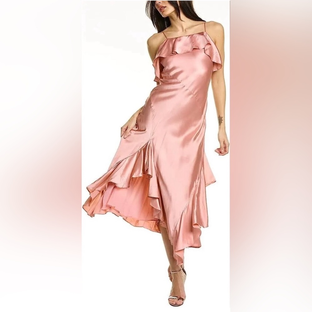 NWT Cinq à Sept Elly Charmeuse Ruffle Silk Midi Dress, Size 2